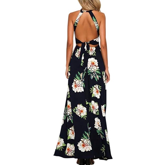 Navy Blue Bohemian High Front Slit Open Back Maxi - Picture 3 of 3